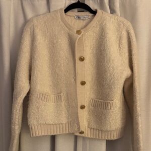 Zara Cream Bouclé Cardigan with Gold Buttons